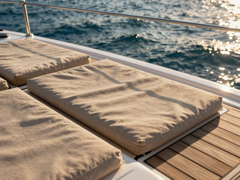 Close-up of warm teak decking on a luxury catamaran, sun-bleached linen cushions, soft golden-hour shadows, ocean water glistening in the background.