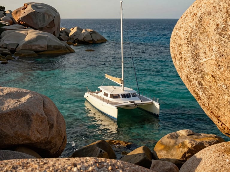 A single catamaran anchored in a narrow turquoise cove surrounded by smooth granite boulders, warm afternoon sun, clear water