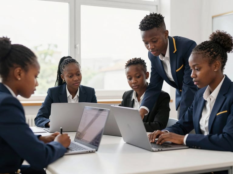 Bright modern classroom setting with young African students collaborating around a table with laptops, natural window light, professional atmosphere