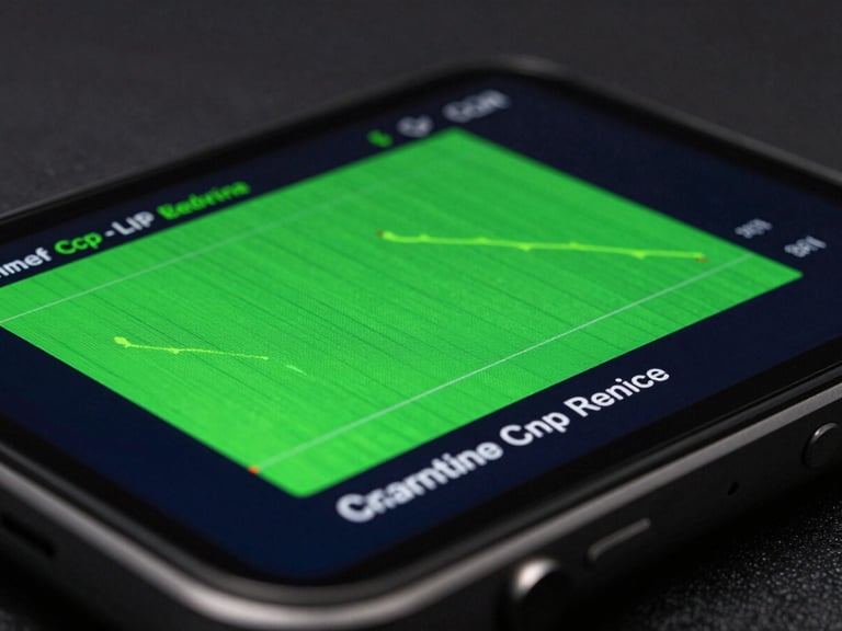Macro close-up of a high-fidelity 3D Android device screen showing real-time CPU thread utilization graphs in bright electric green on a deep obsidian background, dramatic side lighting.