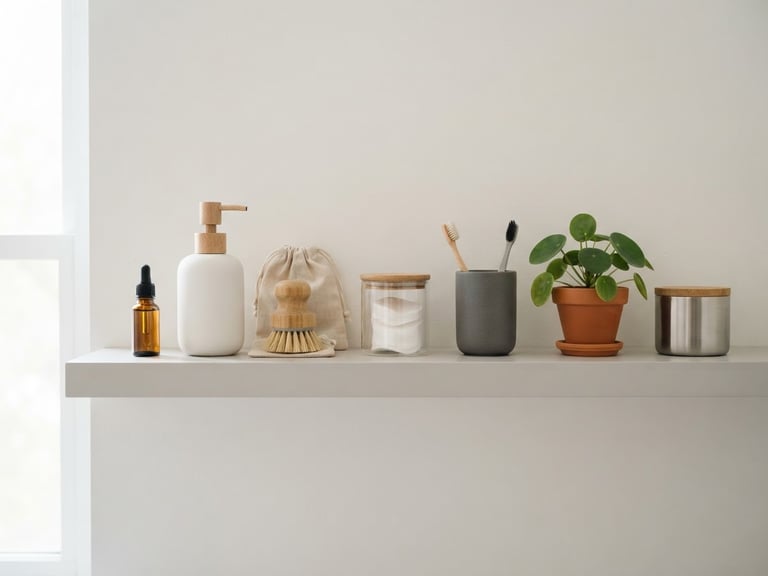 Straight-on medium shot of neatly organized minimalist household products on a clean light gray shelf, bright natural daylight, professional photography, soft shadows, crisp focus