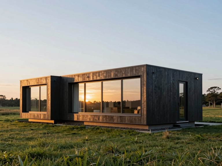 Wide environmental architectural shot of a modern dark wood modular home with large glass windows, situated in a clean meadow at sunset, golden hour light, premium finish.