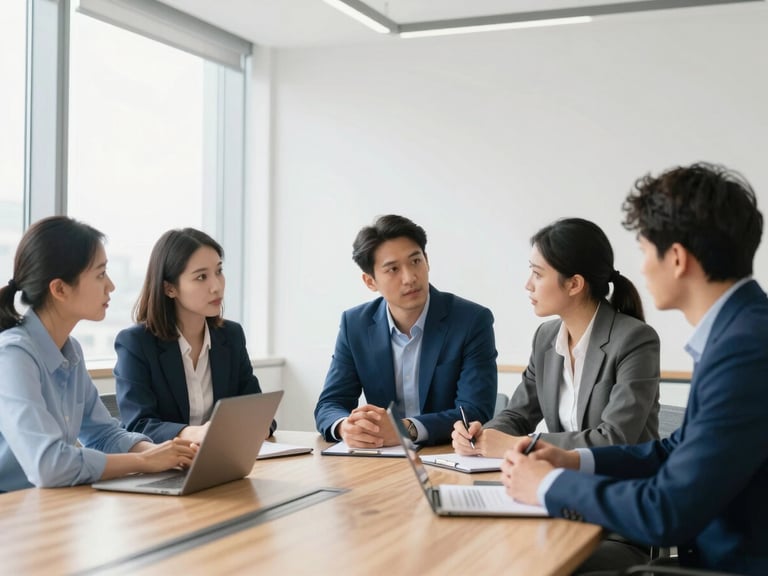 Collaborative team meeting in a bright Draper office, marketing professionals discussing strategy around a clean wooden table, soft natural window light, modern minimalist interior.