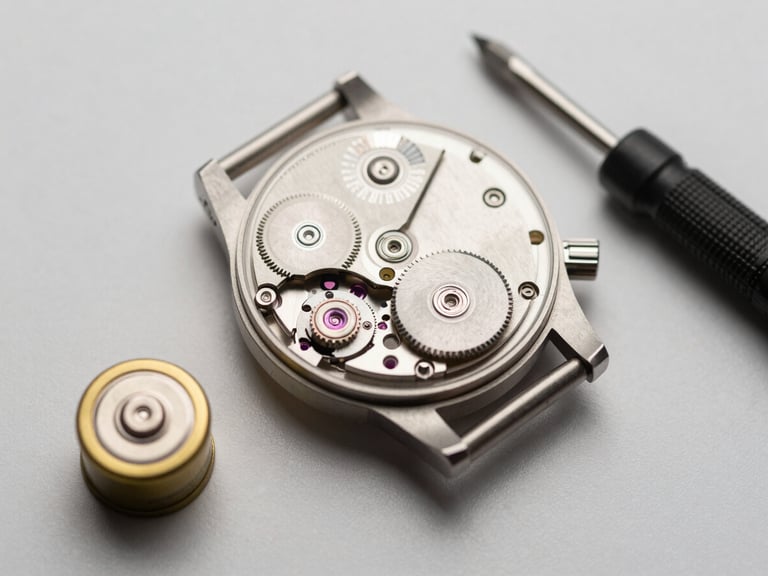 Overhead close-up of a watch movement face-up on a pale neutral surface beside a small round battery and precision screwdriver, diffused studio light, minimal and precise composition