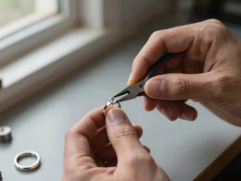 Jeweler's hands using fine pliers to reset a small gemstone in a silver ring on a workbench, soft window light from the left, shallow depth of field emphasizing fingertips and stone