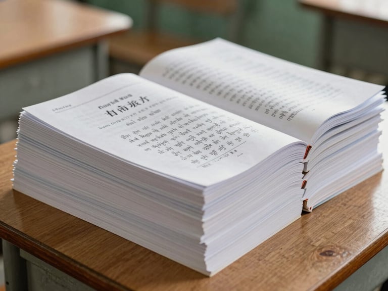 Close-up of printed primary school textbooks in Khasi and Garo languages, stacked neatly on a wooden school desk, bright natural lighting.