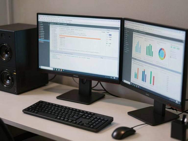 Tight macro shot of a clean developer desk, dual monitors displaying real-time operational dashboard analytics, focused workspace lighting, crisp geometric layout.