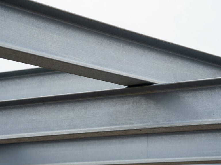 Close-up, abstract shot of stacked industrial steel beams, clean geometric lines, cool, desaturated metallic tones, sharp focus.