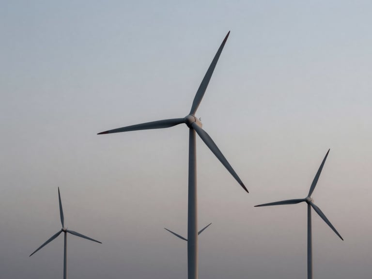 Panoramic view of a modern wind farm at dawn, turbines silhouetted against a cool, desaturated sky, minimalist composition, sharp focus.