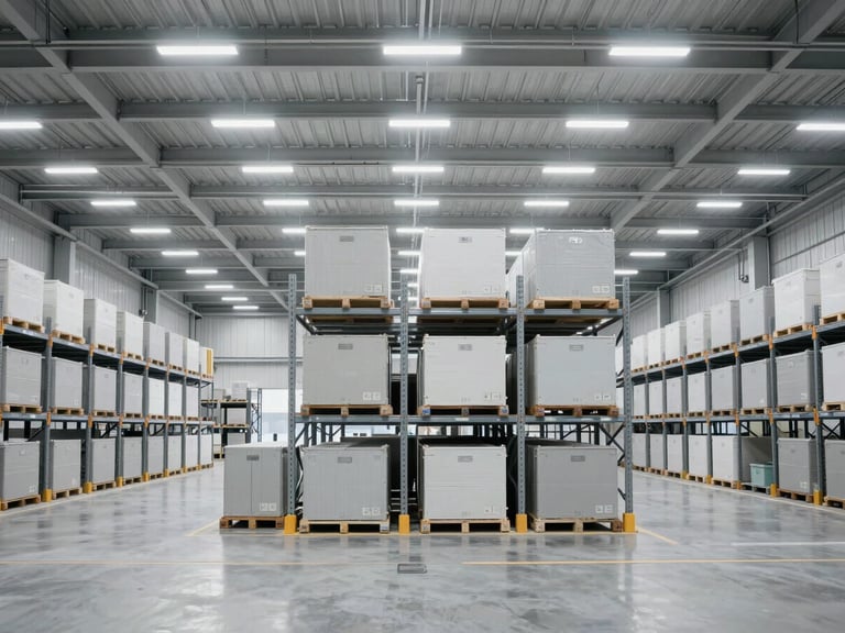Interior of a vast, modern automated logistics warehouse, clean geometric lines, cool, even lighting, desaturated corporate tones, sharp focus.