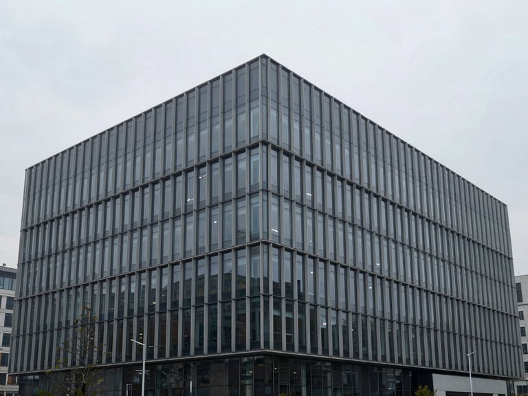 Wide shot of a modern, minimalist glass and steel commercial building in an urban setting, cool overcast daylight, desaturated tones, sharp focus.