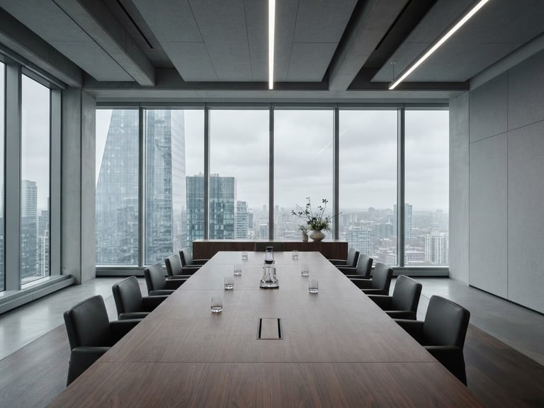 Wide-angle view of a modern, minimalist executive boardroom with a large conference table, cool overcast daylight, sharp focus, desaturated corporate tones, minimalist composition.