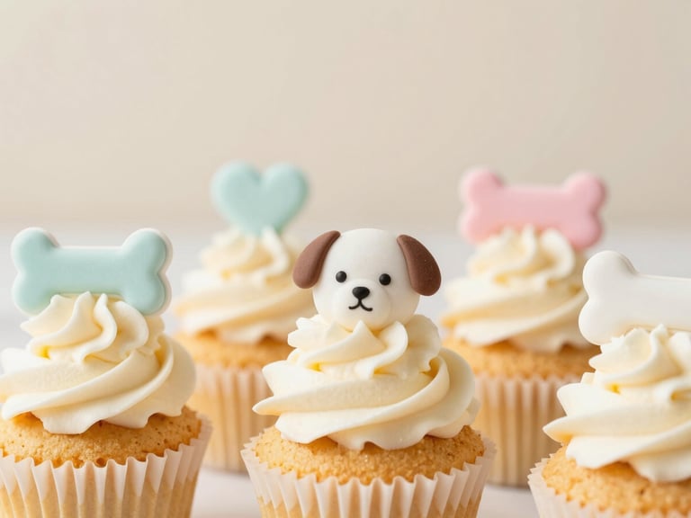 Close-up of vanilla cupcakes topped with cute puppy and bone-shaped toppers, natural light, pastel background
