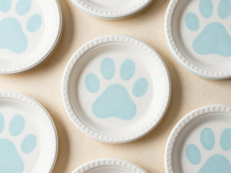 Overhead flat-lay of stacked white and pastel blue paw print party plates, clean background, soft shadows