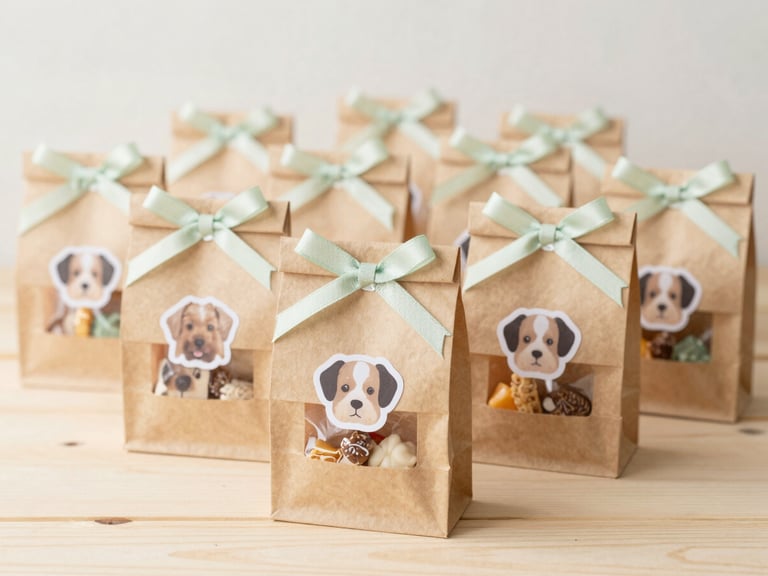 Styled shot of small kraft paper party favor bags with puppy stickers and ribbon, filled with small treats, on a light wooden surface