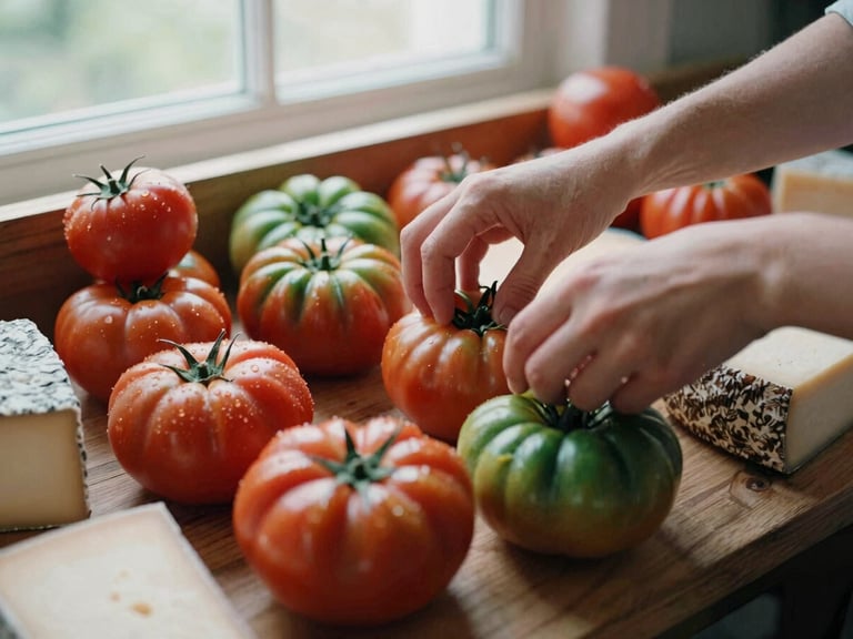 Close-up of hands carefully arranging fresh organic heirloom tomatoes and artisanal cheeses on a rustic wooden market stall, soft natural window light, editorial food photography.