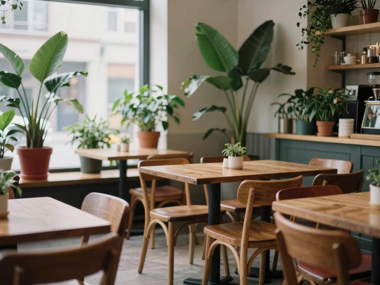 A cozy Scandinavian-inspired market cafe interior, empty inviting dining space, soft natural light, warm wooden chairs, rich forest green plants in ceramic pots.