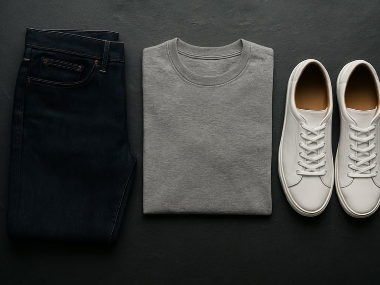 Minimalist flat lay of curated Reserva menswear: dark denim, a grey pima t-shirt, and clean white leather sneakers on a dark slate background.