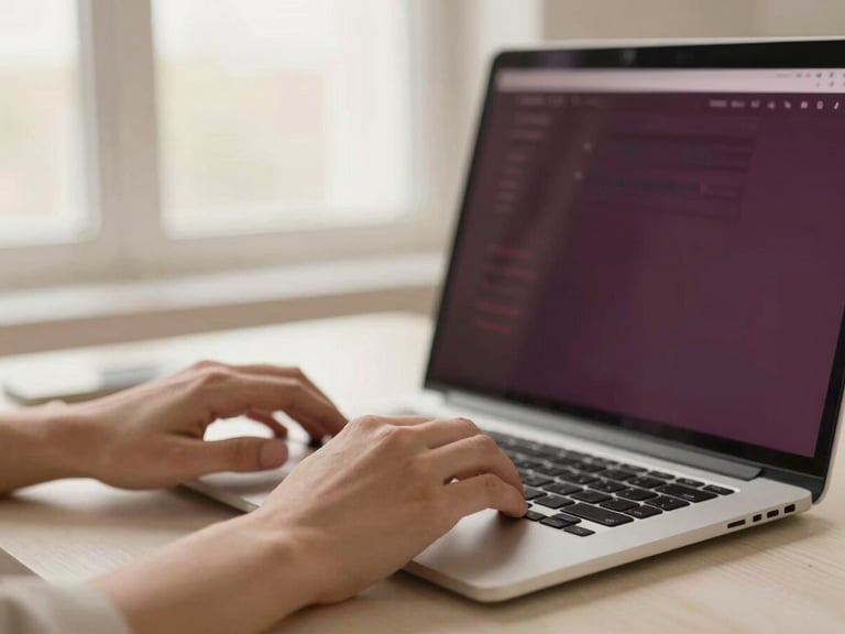 Manos trabajando en un teclado, con un flujo de trabajo digital en pantalla, luz cálida, ambiente de oficina moderno y limpio, estilo editorial