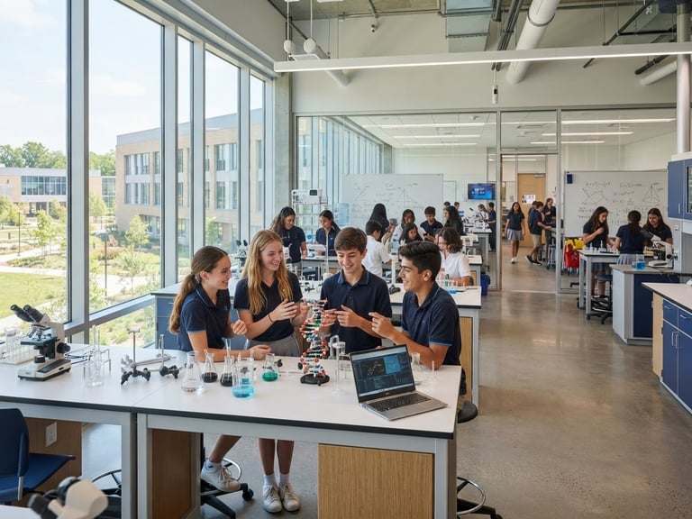 A wide, bright environmental shot of a modern international school campus, students collaborating in a high-tech science lab with daylight streaming through large windows, clean corporate blue accents, sharp focus.