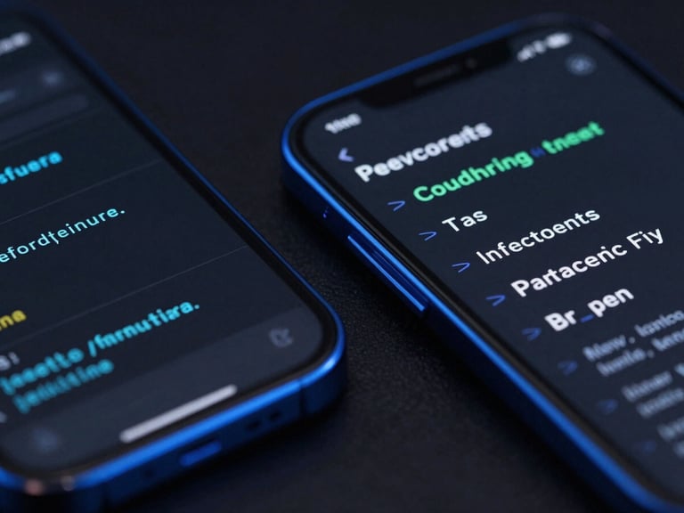 Extreme close-up of a dark-themed mobile UI code editor adjacent to a high-fidelity phone mockup, moody electric blue rim lighting, macro lens.