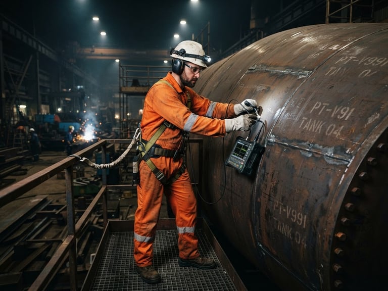 Industrial editorial photography of a mechanical engineer in full PPE inspecting a large steel pressure vessel with ultrasonic testing equipment under dramatic ambient factory light.