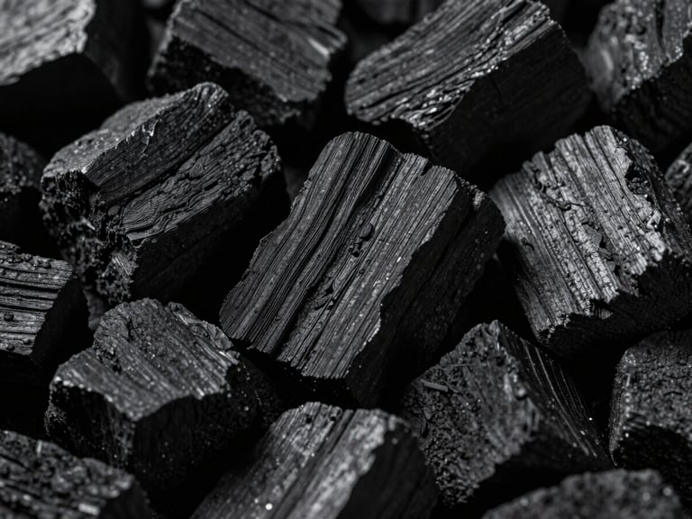 A high-contrast macro shot of uniform high-density charcoal lumps, showcasing deep black wood grain textures under dramatic side-lighting.