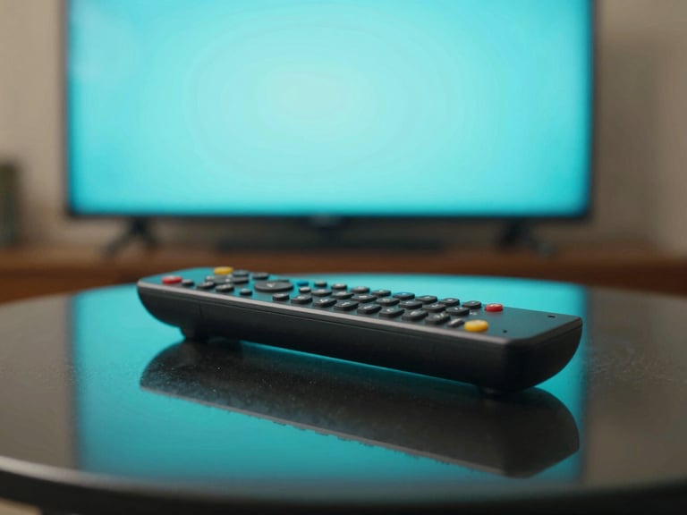 Macro shot of a high-end remote control resting on a dark glass table, soft cyan light emitting from a smart-TV screen out of focus in the background, cinematic composition