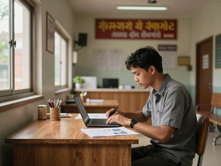 Environmental wide shot inside a small Cambodian clinic waiting area, a freelancer seated at a wooden desk reviewing design work on a laptop, natural window light from the left, clinic signage softly blurred in the background, warm afternoon tones