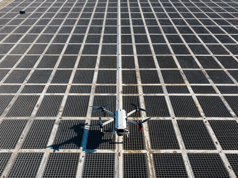 Wide shot of an agricultural grid from above, industrial drone in the foreground, high contrast daylight, technical framing.