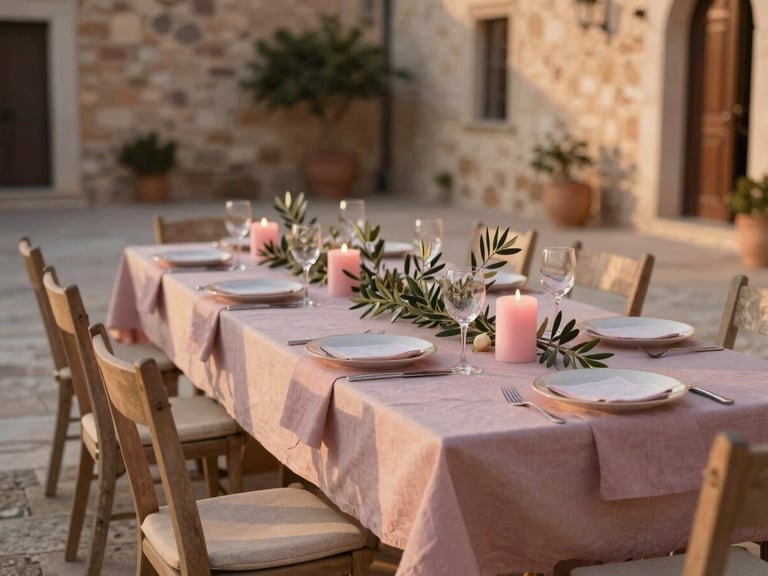 A long imperial table set outdoors in an ancient Sicilian stone courtyard, decorated with linen runners, soft pink candles, and olive branches under the warm sunset light