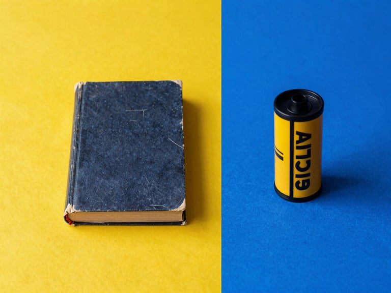Saturated studio photography, high-contrast color gel lighting. A split-screen composition showing a physical vintage paperback book on a vibrant yellow surface next to a retro film canister on a deep blue surface.