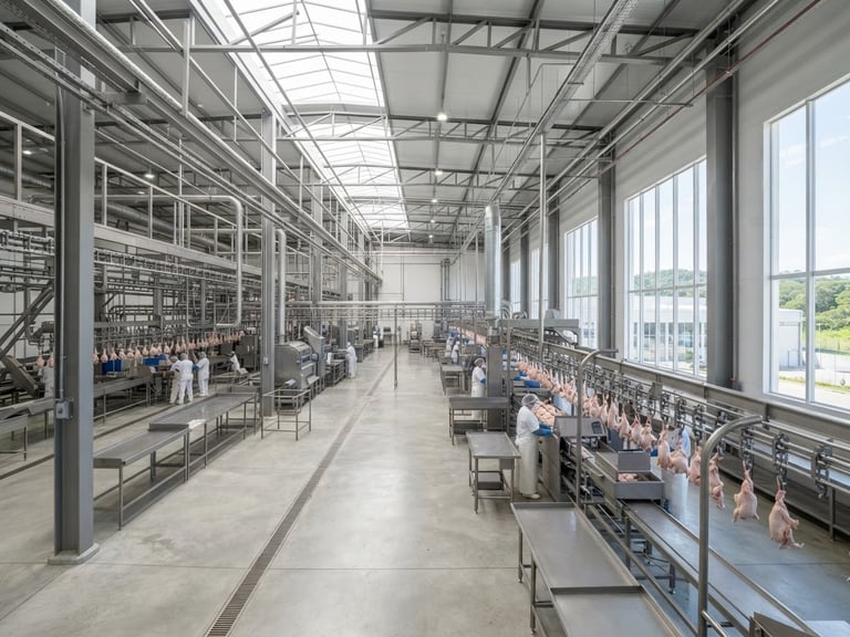 Wide-angle architectural shot of a modern, sterile poultry processing facility in Brazil, bright morning light, crisp industrial lines, stainless steel surfaces, professional agricultural export context.