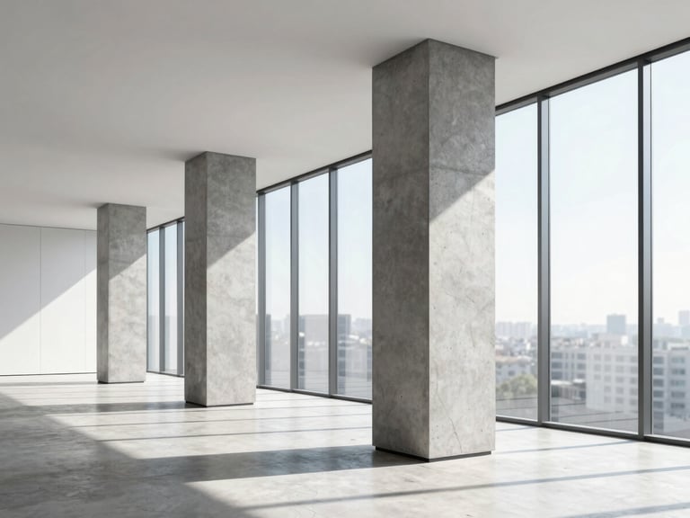 A clean, minimalist modern office interior with sharp architectural lines, concrete columns, and large glass windows letting in bright, cool daylight.