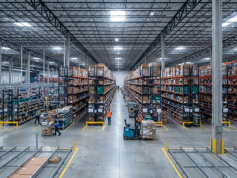 Wide-angle architectural photograph of a modern, brightly lit fulfillment center with organized high-bay racking systems, clean concrete floors, cool blue tones, 35mm