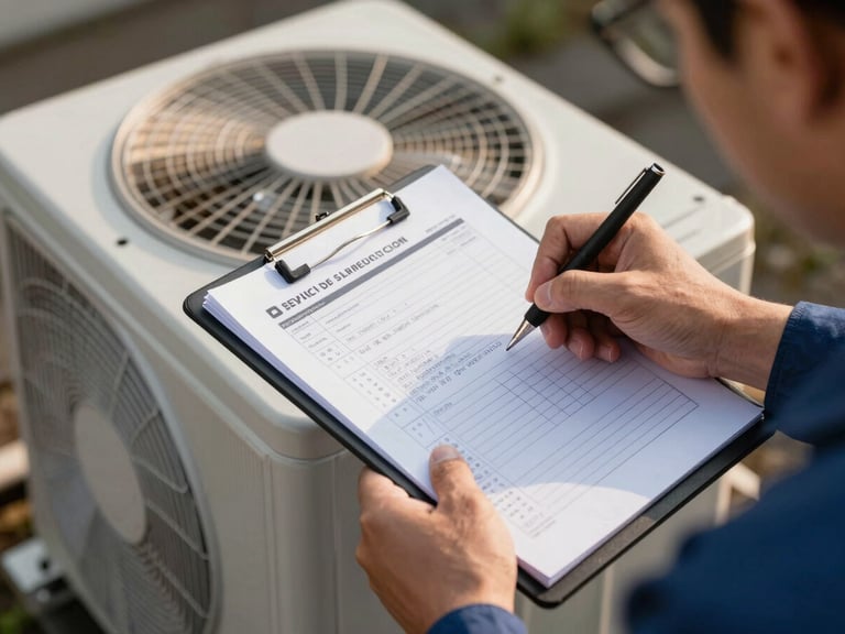 Close overhead shot of a technician's hands filling out a service diagnostic form on a clipboard, resting on top of an outdoor condensing unit, late afternoon natural light casting soft shadows, handwritten notes visible on the form