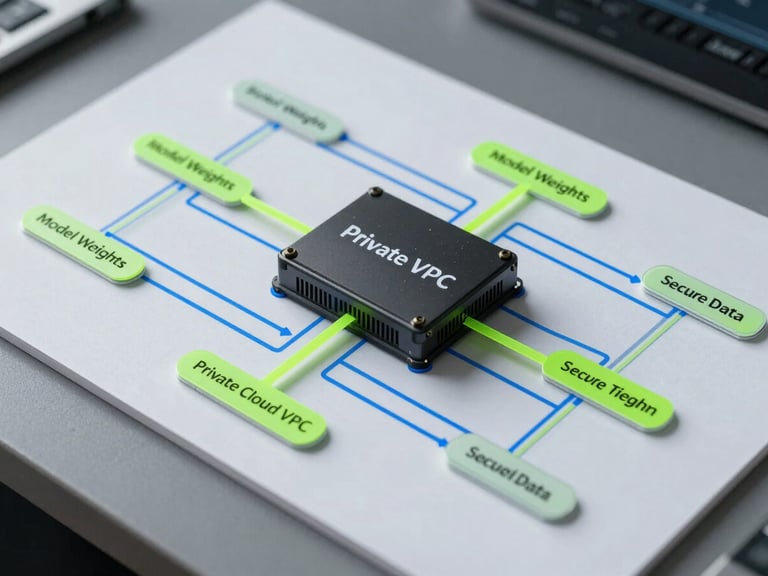 A clean, highly detailed technical schematic of a private cloud VPC deployment, showing model weights, inference engine, and secure data flow lines in neon green and blue.