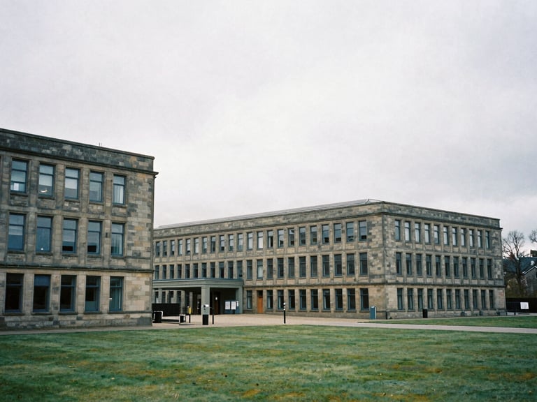 Cool editorial photography, overcast northern daylight, desaturated slate tones, sharp focus, 35mm film. A wide environmental view of stone-built offices at High Fernley Court in Wyke, Bradford, showing clean industrial architecture and a grey sky.