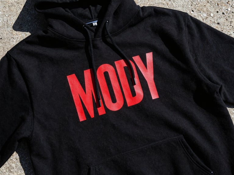 Moody high-contrast close-up of a bold graphic print on a heavy black cotton hoodie, harsh direct sunlight, stark shadows, raw concrete background, 35mm