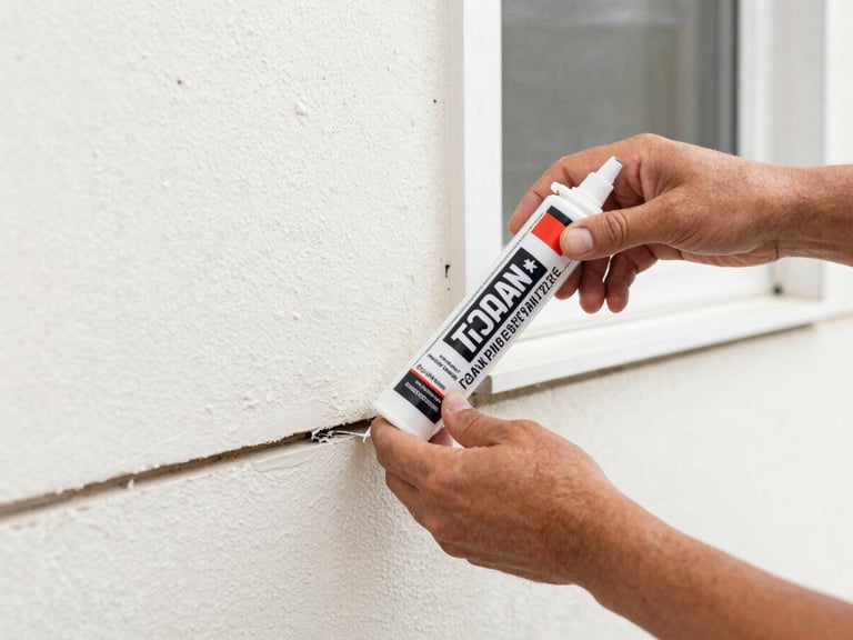 Close-up of a pest control technician sealing a crack in a home's foundation with professional-grade sealant, bright Texas daylight, sharp focus.
