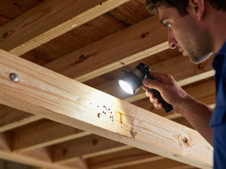 Pest control technician inspecting a wooden beam in a crawlspace with a flashlight, focused on termite damage, utility lighting, high-contrast.
