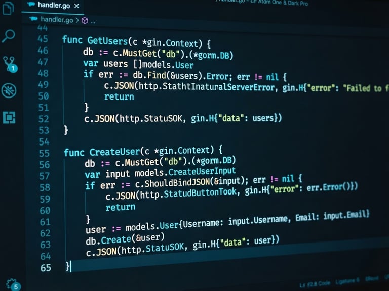 Sleek dark-mode IDE interface showing a clean Go backend codebase with neon cyan syntax highlighting, macro shot, 35mm