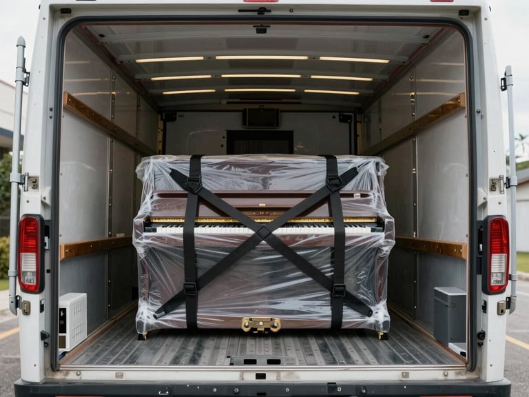 Movers loading a spotless, fully enclosed moving truck, securing a wrapped piano with heavy-duty cargo straps inside the clean cargo hold