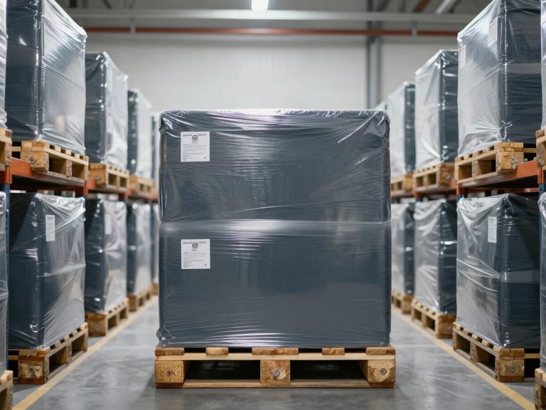 Interior shot of a secure high-capacity distribution warehouse, close-up of sealed cargo pallets with security tags, cool crisp daylight, 35mm lens.