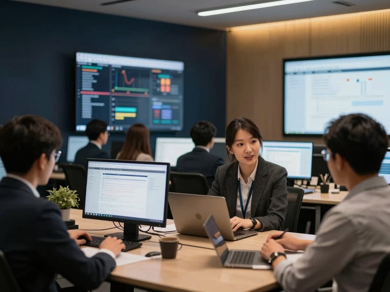Modern collaborative workspace in Singapore, high-end corporate training session with professionals analyzing data on screens, shallow depth of field