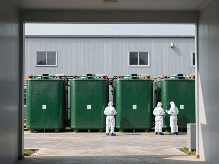Industrial facility, specialized hazardous waste containers in a secure area, professional team in PPE, bright natural light, deep green and soft grey tones, sharp focus, architectural framing