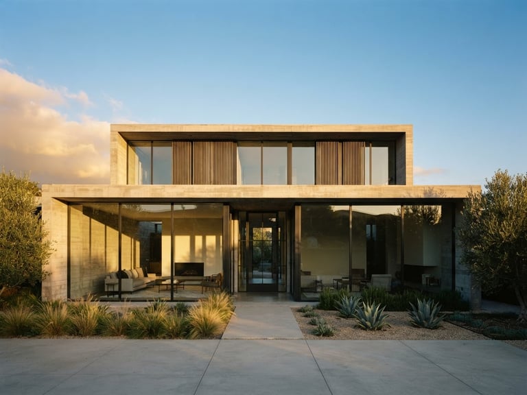Wide-angle straight-on elevation of a custom concrete and glass modernist residence at golden hour, sharp shadows, natural light, minimalist landscaping, editorial architectural photography, 35mm lens