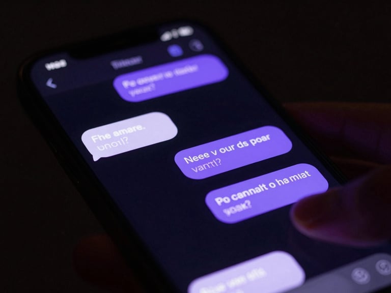 Close-up of a smartphone screen displaying a sleek, dark-mode chat interface with neon lilac message bubbles, hands partially visible typing, low-light environment.