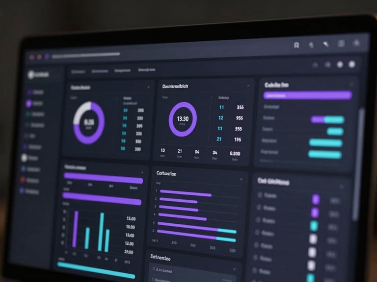 High-fidelity UI mockup of a clean, dark-mode dashboard for a business analytics tool, showing data streams and custom metrics, neon lilac accents, sharp focus.