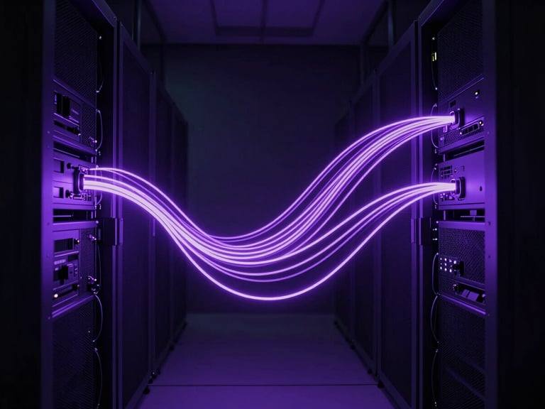 Abstract visualization of glowing neon lilac data streams flowing between dark, minimalist server racks, representing AI-driven process automation, moody lighting.
